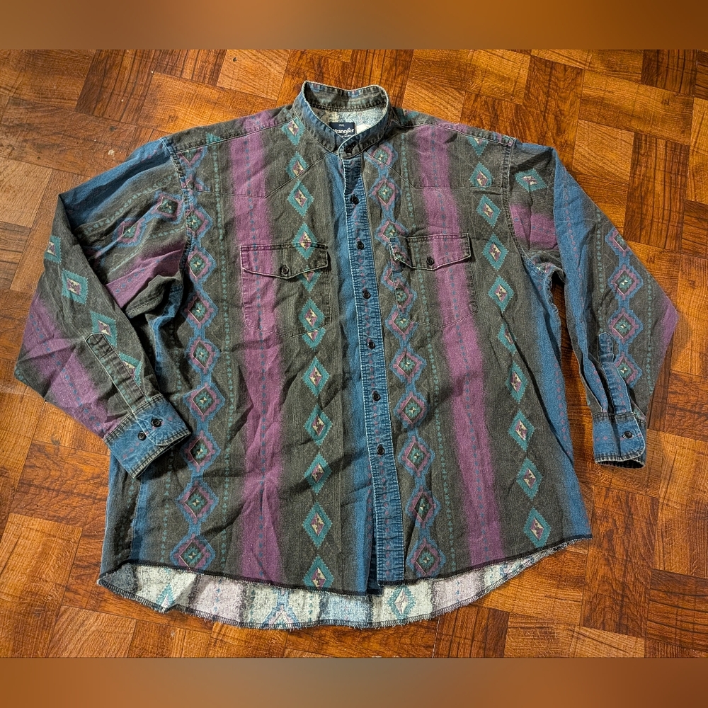 Vintage Wrangler Western Black Blue Purple Cowboy Button Up Dress Shirt XXL Men